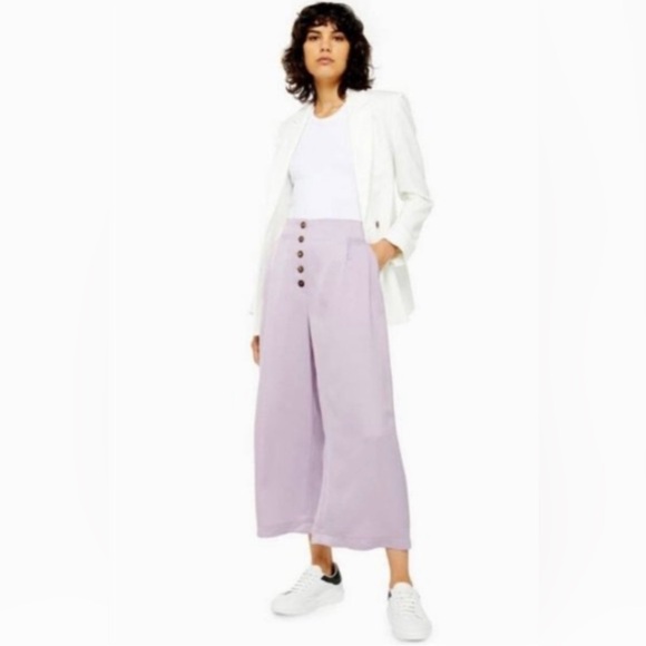 TOPSHOP Lilac Satin Coco Button Fly Wide Leg Pants, purple/lavender, pockets, 6 - Picture 4 of 7